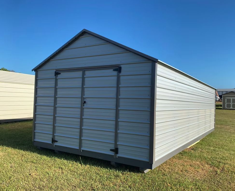 Long all-metal economy shed with double doors and gray trim