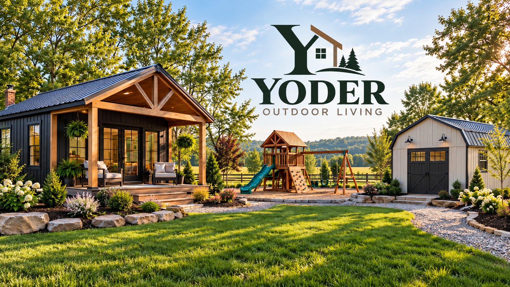 A tiny home, playset and lofted barn from Yoder Outdoor Living in a landscaped backyard
